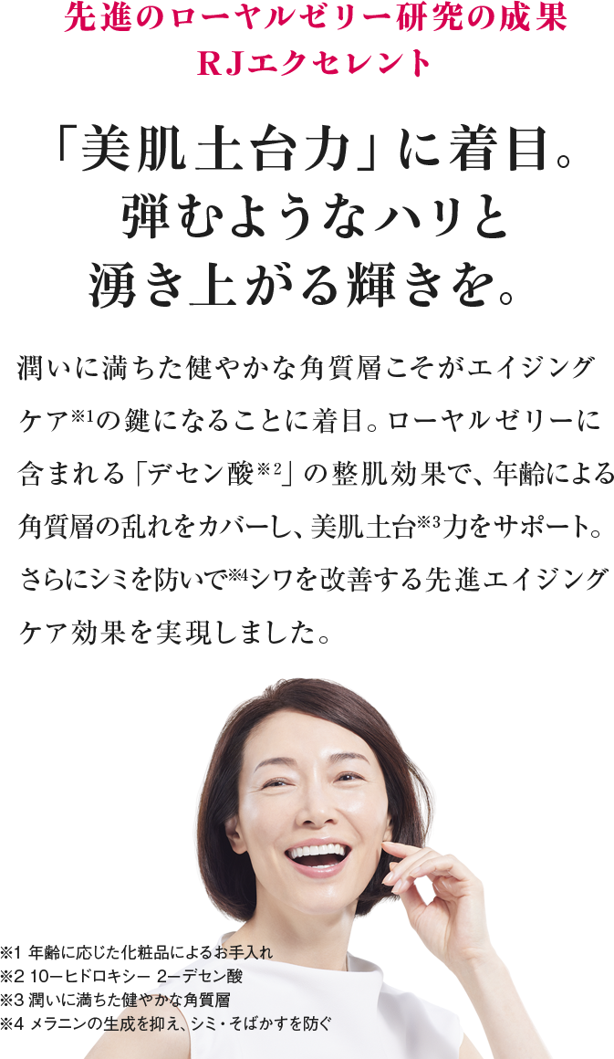 先進のローヤルゼリー研究の成果 RJエクセレント 「美肌土台力」に着目。弾むようなハリと湧き上がる輝きを。 潤いに満ちた健やかな角質層こそがエイジングケア※1の鍵になることに着目。ローヤルゼリーに含まれる「デセン酸※2」の整肌効果で、年齢による角質層の乱れをカバーし、美肌土台※3力をサポート。さらにシミを防いで※4シワを改善する先進エイジングケア効果を実現しました。 ※1 年齢に応じた化粧品によるお手入れ ※2 10-ヒドロキシー 2-デセン酸 ※3 潤いに満ちた健やかな角質層 ※4 メラニンの生成を抑え、シミ・そばかすを防ぐ