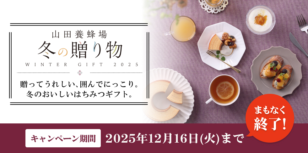 山田養蜂場 冬の贈り物 WINTER GIFT 2025 贈ってうれしい、囲んでにっこり。冬のおいしいはちみつギフト。 キャンペーン期間 2025年12月16日(火)まで まもなく終了!