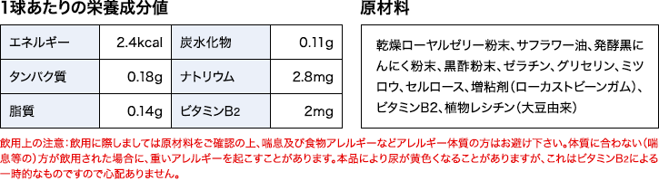 1球あたりの栄養成分値—エネルギー：2.4kcal タンパク質：0.18g 脂質：0.14g 炭水化物：0.11g ナトリウム：2.8mg ビタミンB2：2mg　原材料表示—乾燥ローヤルゼリー粉末、サフラワー油、発酵黒にんにく粉末、黒酢粉末、ゼラチン、グリセリン、ミツロウ、セルロース、増粘剤（ローカストビーンガム）、ビタミンB2、植物レシチン（大豆由来）飲用上の注意：飲用に際しましては原材料をご確認の上、喘息及び食物アレルギーなどアレルギー体質の方はお避け下さい。体質に合わない（喘息等の）方が飲用された場合に、重いアレルギーを起こすことがあります。本品により尿が黄色くなることがありますが、これはビタミンB2による一時的なものですので心配ありません。