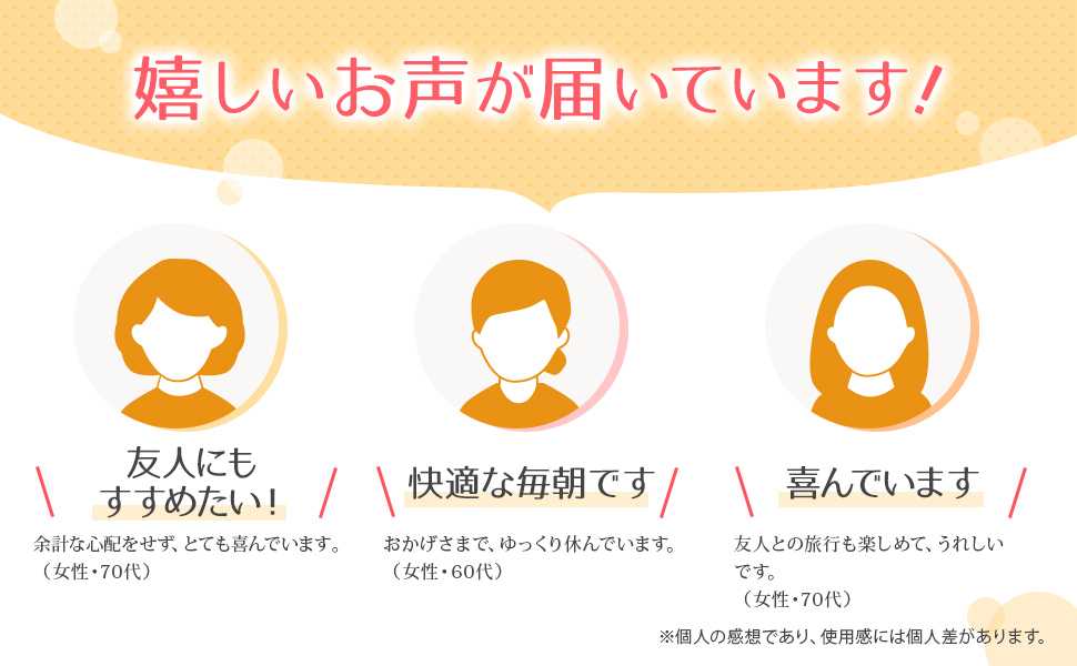 嬉しいお声が届いています!友人にもすすめたい! 「余計な心配をせず、とても喜んでいます。(女性・70代 )」快適な毎朝です 「おかげさまで、ゆっくり休んでいます。(女性・60代)」 喜んでいます「友人との旅行も楽しめて、うれしいです。(女性・70代)」※個人の感想であり、使用感には個人差があります。