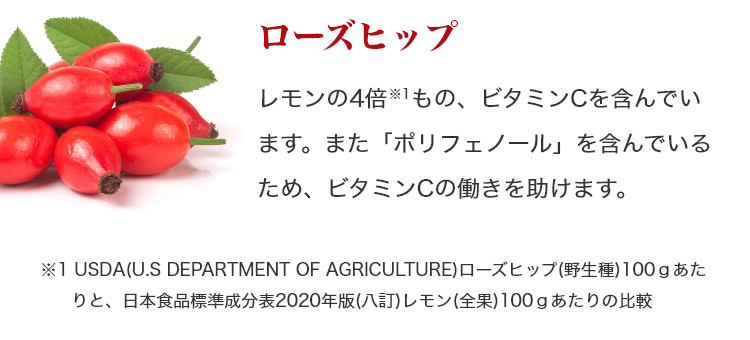 ローズヒップ:レモンの4倍(※1)もの、ビタミンCを含んでいます。また、「ポリフェノール」を含んでいるため、ビタミンCの働きを助けます。 ※1 USDA(U.S DEPARTMENT OF AGRICULTURE)ローズヒップ(野生種)100gあたりと、日本食品標準成分表2020年版(八訂)レモン(全果)100g当たりの比較