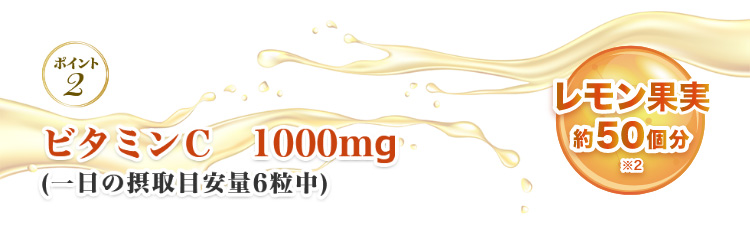 ポイント2 ビタミンC 1000mg(一日の摂取目安量6粒中) レモン果実約50個分(※2)