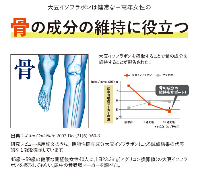 大豆イソフラボンは健常な中高年女性の骨の成分の維持に役立つ 大豆イソフラボンを摂取することで骨の成分を維持することが報告された。 出典: JAm Coll Nutr: 2002 Dec;21(6):560-3. 研究レビュー採用論文のうち、機能性関与成分大豆イソフラボンによる試験結果の代表的な1報を提示しています。 45歳~59歳の健康な閉経後女性40人に、1日23.3mg(アグリコン換算値)の大豆イソフラボンを摂取してもらい、尿中の骨吸収マーカーを調べた。