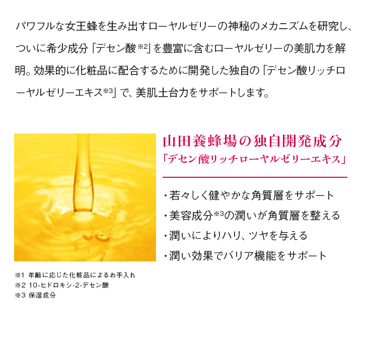 パワフルな女王蜂を生み出すローヤルゼリーの神秘のメカニズムを研究し、ついに希少成分「デセン酸※2」を豊富に含むローヤルゼリーの美肌力を解明。効果的に化粧品に配合するために開発した独自の「デセン酸リッチローヤルゼリーエキス※3」で、美肌土台力をサポートします。 山田養蜂場の独自開発成分「デセン酸リッチローヤルゼリーエキス」 ・若々しく健やかな角質層をサポート ・美容成分※3の潤いが角質層を整える ・潤いによりハリ、ツヤを与える ・潤い効果でバリア機能をサポート ※1 年齢に応じた化粧品によるお手入れ ※2 10-ヒドロキシ-2-デセン酸 ※3 保湿成分