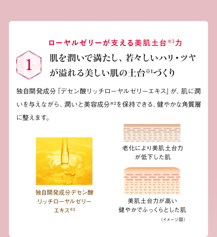 ローヤルゼリーが支える美肌土台※1力 1:肌を潤いで満たし、若々しいハリ・ツヤが溢れる美しい肌の土台※1づくり 独自開発成分「デセン酸リッチローヤルゼリーエキス」が、肌に潤いを与えながら、潤いと美容成分※2を保持できる、健やかな角質層に整えます。