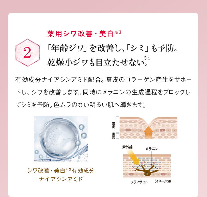 薬用シワ改善・美白※3 2:「年齢ジワ」を改善し、「シミ」も予防。乾燥小ジワも目立たせない。※4 有効成分ナイアシンアミド配合。真皮のコラーゲン産生をサポートし、シワを改善します。同時にメラニンの生成過程をブロックしてシミを予防。色ムラのない明るい肌へ導きます。