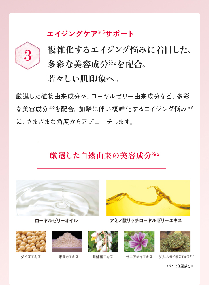 エイジングケア※5サポート 3:複雑化するエイジング悩みに着目した、多彩な美容成分※2を配合。若々しい肌印象へ。 厳選した植物由来成分や、ローヤルゼリー由来成分など、多彩な美容成分※2を配合。加齢に伴い複雑化するエイジング悩み※6に、さまざまな角度からアプローチします。 厳選した自然由来の美容成分※2 「ローヤルゼリーオイル・アミノ酸リッチローヤルゼリーエキス・ダイズエキス・米ヌカエキス・月桃葉エキス・ゼニアオイエキス・グリーンルイボスエキス※7」 <すべて保湿成分>