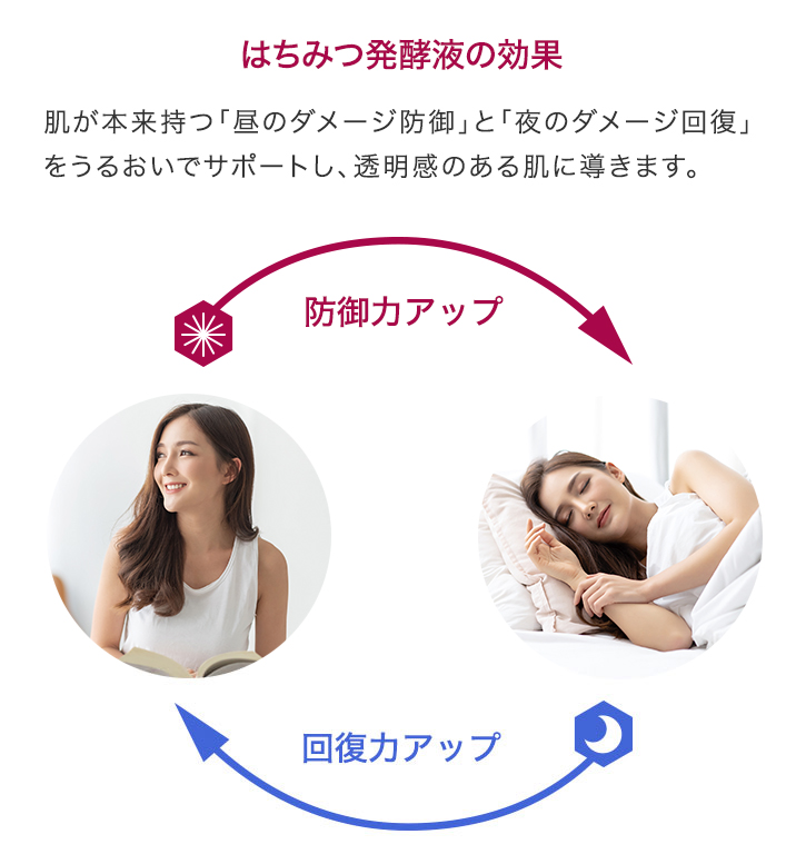はちみつ発酵液の効果 肌が本来持つ「昼のダメージ防御」と「夜のダメージ回復」をうるおいでサポートし、透明感のある肌に導きます。 (昼)防御力アップ (夜)回復力アップ