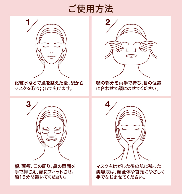 ご使用方法1/化粧水などで肌を整えた後、袋からマスクを取り出して広げます。2/額の部分を両手で持ち、目の位置に合わせて顔にのせてください。3/額、両頬、口の周り、鼻の側面を手で押さえ、顔にフィットさせ、約15分間おいてください。4/マスクをはがした後の肌に残った美容液は、顔全体や首元にやさしく手でなじませてください。