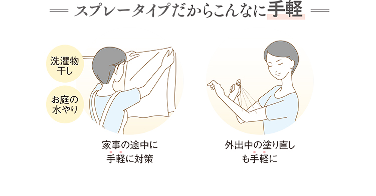 【スプレータイプだからこんなに手軽】家事(洗濯物干し、お庭の水やり)の途中に手軽に対策、外出中の塗り直しも手軽に
