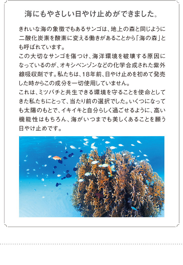 「海にもやさしい日やけ止めができました。」きれいな海の象徴でもあるサンゴは、地上の森と同じように二酸化炭素を酸素に変える働きがあることから「海の森」とも呼ばれています。この大切なサンゴを傷つけ、海洋環境を破壊する原因になっているのが、オキシベンゾンなどの化学合成された紫外線吸収剤です。私たちは、18年前、日やけ止めを初めて発売した時からこの成分を一切使用していません。これは、ミツバチと共生できる環境を守ることを使命としてきた私たちにとって、当たり前の選択でした。いくつになっても太陽のもとで、イキイキと自分らしく過ごせるように、高い機能性はもちろん、海がいつまでも美しくあることを願う日やけ止めです。