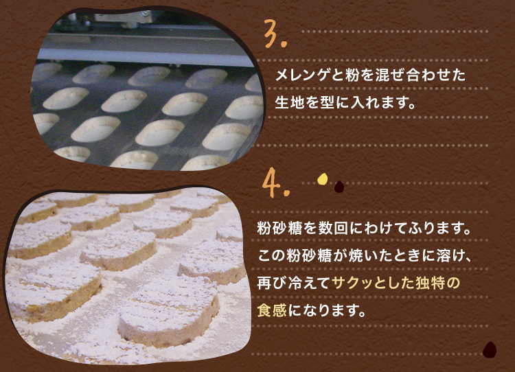 3.メレンゲと粉を混ぜ合わせた生地を型に入れます。4.粉砂糖を数回にわけてふります。この粉砂糖が焼いたときに溶け、再び冷えてサクッとした独特の食感になります。