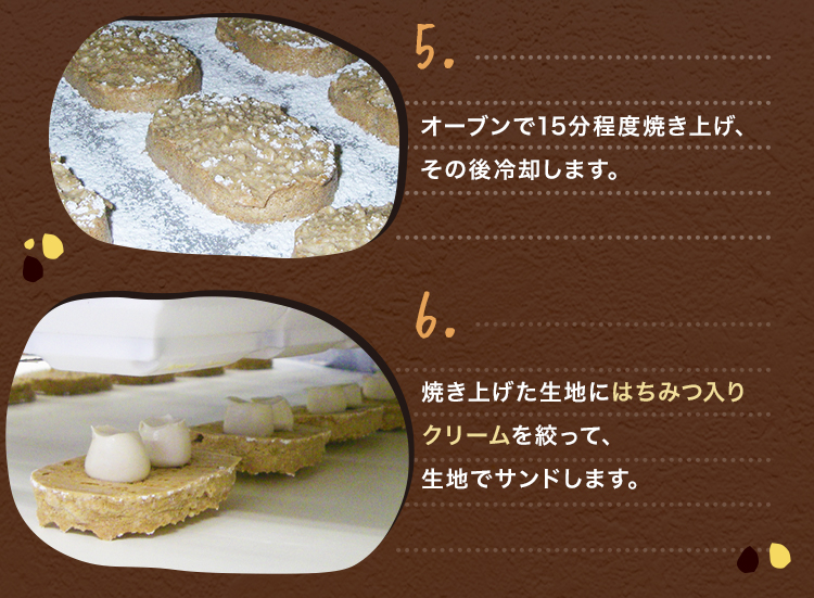 5.オーブンで15分程度焼き上げ、その後冷却します。6.焼き上げた生地にはちみつ入りクリームを絞って、生地でサンドします。