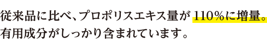 従来品に比べ、プロポリスエキス量が110%に増量。有用成分がしっかり含まれています。