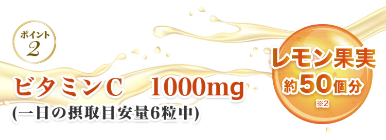 ポイント2 ビタミンC 1000mg(一日の摂取目安量6粒中) レモン果実約50個分(※2)