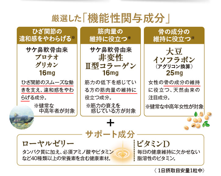 厳選した「機能性関与成分」 1.ひざ関節の違和感をやわらげる※ サケ鼻軟骨由来 プロテオグリカン 16mg ひざ関節のスムーズな働きを支え、違和感をやわらげる成分。※健常な中高年者が対象 2.筋肉量の維持に役立つ※ サケ鼻軟骨由来 非変性II型コラーゲン 16mg 筋力の低下を感じている方の筋肉量の維持に役立つ成分。※筋力の衰えを感じている方が対象 3.骨の成分の維持に役立つ※ 大豆イソフラボン(アグリコン換算) 25mg 女性の骨の成分の維持に役立つ、天然由来の注目成分。※健常な中高年女性が対象 +サポート成分 ・ローヤルゼリー タンパク質に加え、必須アミノ酸やビタミンなど40種類以上の栄養素を含む健康素材。・ビタミンD 毎日の健康維持に欠かせない脂溶性のビタミン。<1日摂取目安量1粒中>