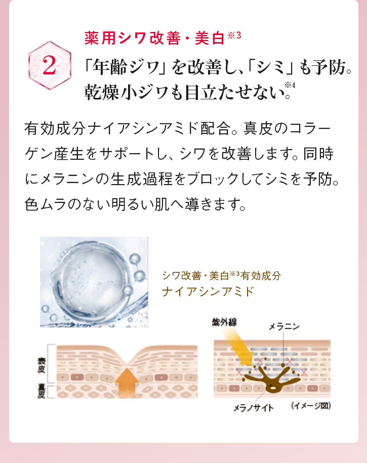 薬用シワ改善・美白※3 2:「年齢ジワ」を改善し、「シミ」も予防。乾燥小ジワも目立たせない。※4 有効成分ナイアシンアミド配合。真皮のコラーゲン産生をサポートし、シワを改善します。同時にメラニンの生成過程をブロックしてシミを予防。色ムラのない明るい肌へ導きます。