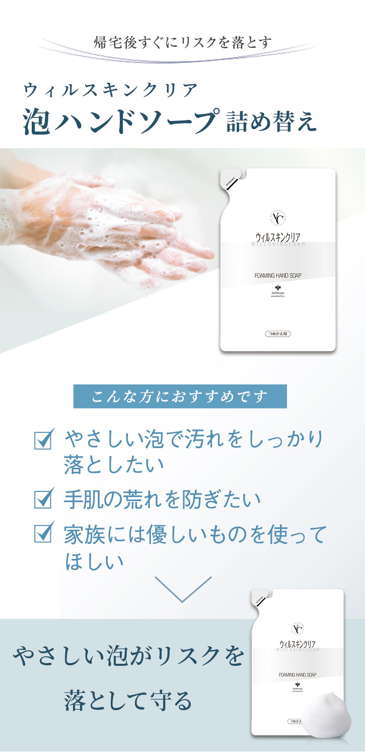 帰宅後すぐにリスクを落とす ウィルスキンクリア泡ハンドソープ 詰め替え こんな方におすすめです やさしい泡で汚れをしっかり落としたい 手肌の荒れを防ぎたい 家族には優しいものを使ってほしい やさしい泡がリスクを落として守る