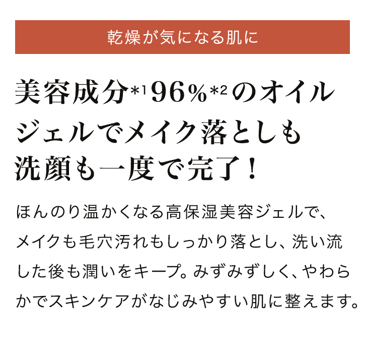 乾燥が気になる肌に 美容成分*1 96%*2のオイルジェルでメイク落としも洗顔も一度で完了! ほんのり温かくなる高保湿美容ジェルで、メイクも毛穴汚れもしっかり落とし、洗い流した後も潤いをキープ。みずみずしく、やわらかでスキンケアがなじみやすい肌に整えます。