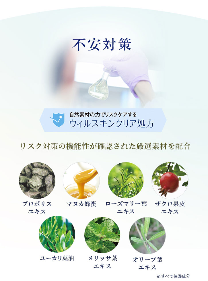不安対策 自然素材の力でリスクケアするウィルスキンクリア処方 リスク対策の機能性が確認された厳選素材を配合 プロポリスエキス マヌカ蜂蜜 ローズマリー葉エキス ザクロ果皮エキス ユーカリ葉油 メリッサ葉エキス オリーブ葉エキス ※すべて保湿成分
