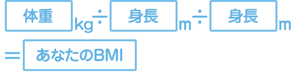 体重(kg)÷身長(m)÷身長(m)=あなたのBMI