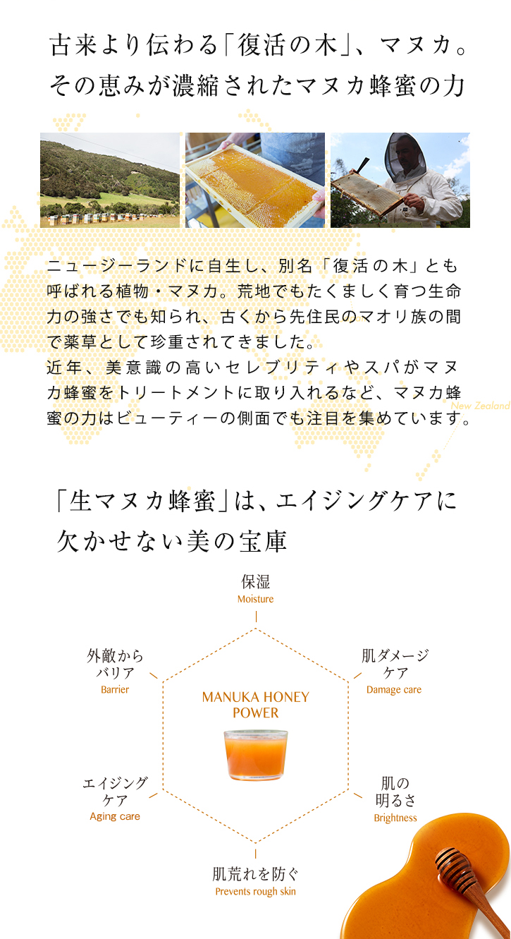 古来より伝わる「復活の木」、マヌカ。その恵みが凝縮されたマヌカ蜂蜜の力 ニュージーランドに自生し、別名「復活の木」とも呼ばれる植物・マヌカ。荒地でもたくましく育つ生命力の強さでも知られ、古くから先住民のマオリ族の間で薬草として珍重されてきました。近年、美意識の高いセレブリティやスパがマヌカ蜂蜜をトリートメントに取り入れるなど、マヌカ蜂蜜の力はビューティーの側面でも注目を集めています。 「生マヌカ蜂蜜」は、エイジングケアに欠かせない美の宝庫...保湿 肌ダメージケア 肌の明るさ 肌荒れを防ぐ エイジングケア 外敵からバリア