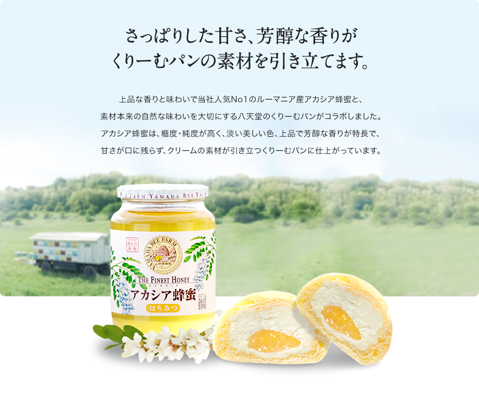 さっぱりした甘さ、芳醇な香りがくりーむパンの素材を引き立てます。 上品な香りと味わいで当社人気No1のルーマニア産アカシア蜂蜜と、素材本来の自然な味わいを大切にする八天堂のくりーむパンがコラボしました。アカシア蜂蜜は、糖度・純度が高く、淡い美しい色、上品で芳醇な香りが特長で、甘さが口に残らず、クリームの素材が引き立つくりーむパンに仕上がっています。